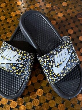 Nike Black Slide Sandals with Yellow & White Daisy Print